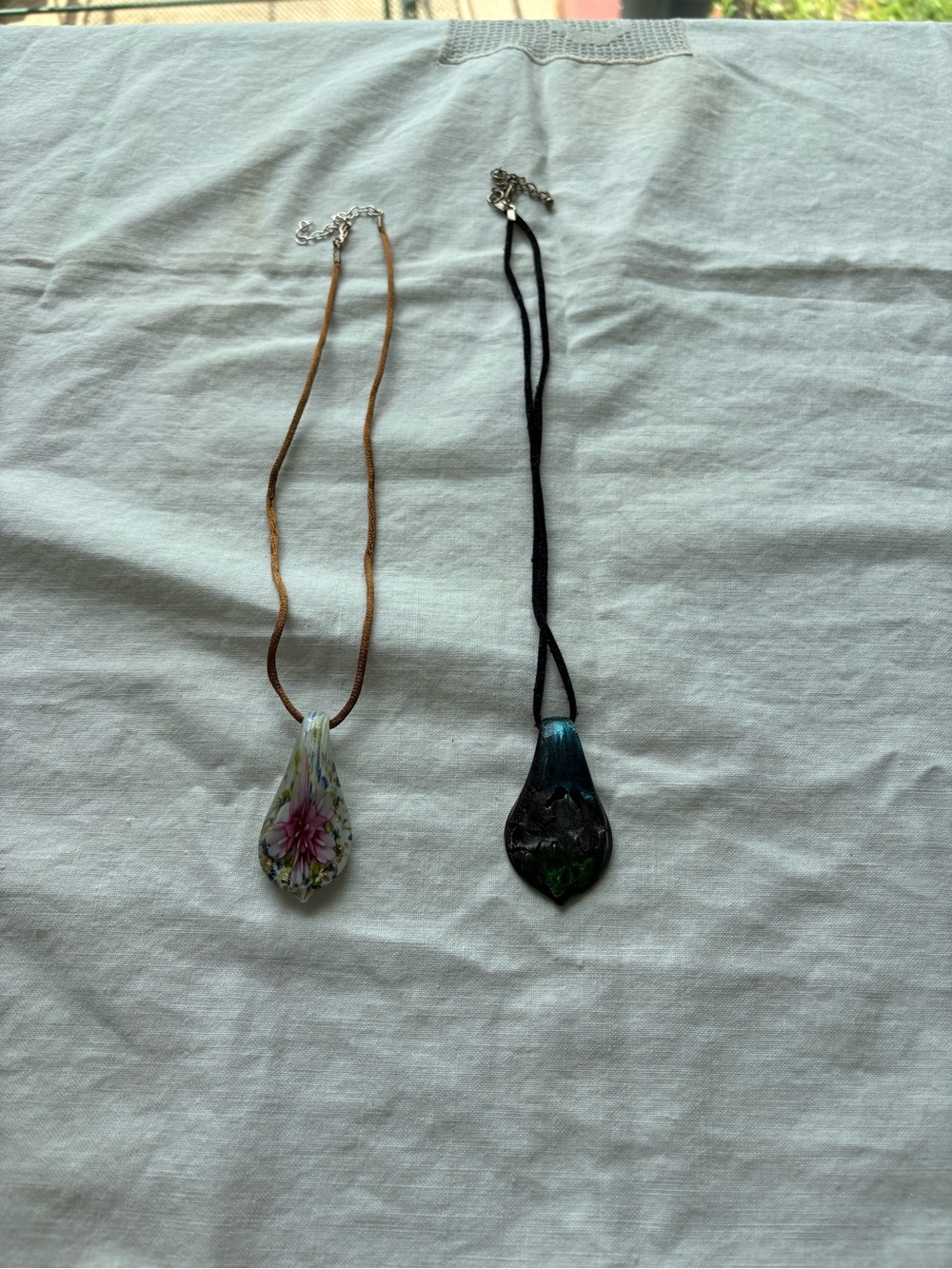 Floral Glass Teardrop Pendant Necklaces - Pink & Black Options